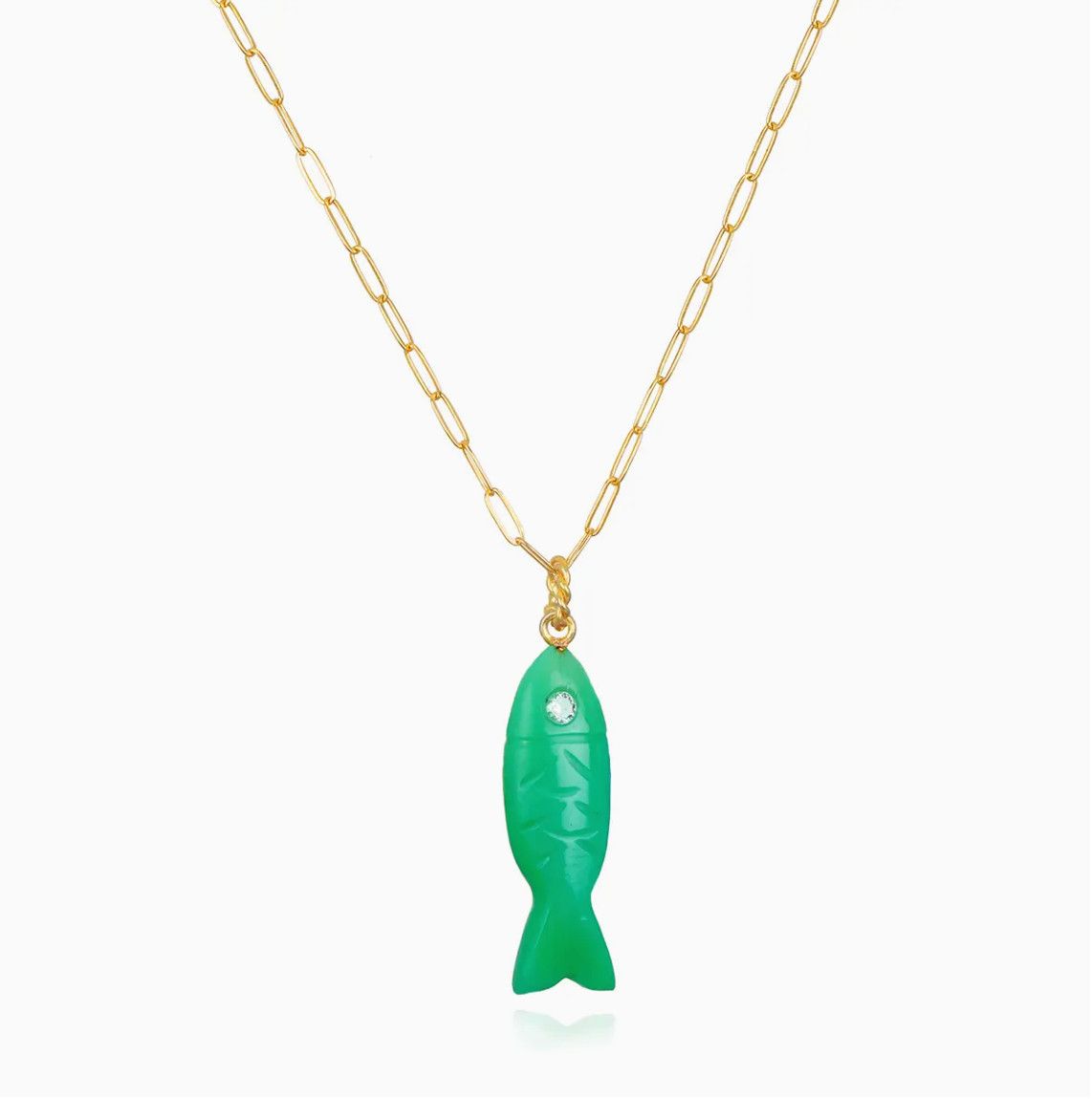 Natural Stone Fish Charm Necklace-Chrysoprase