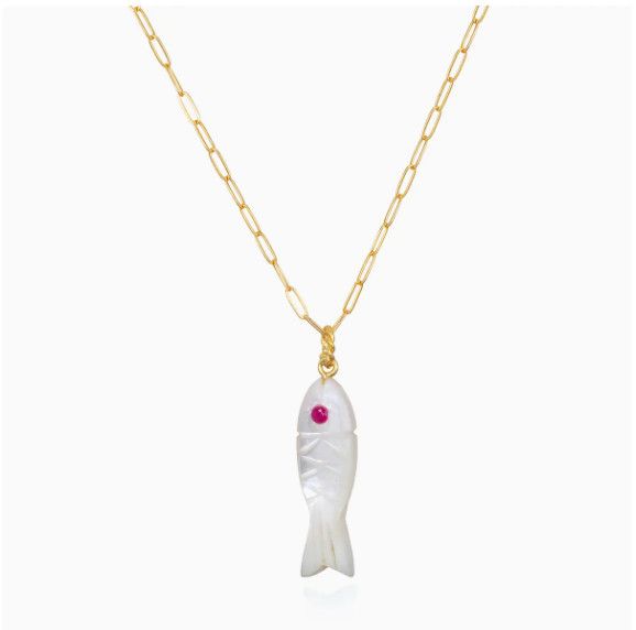 Natural Stone Fish Charm Necklace-Mother of Pearl