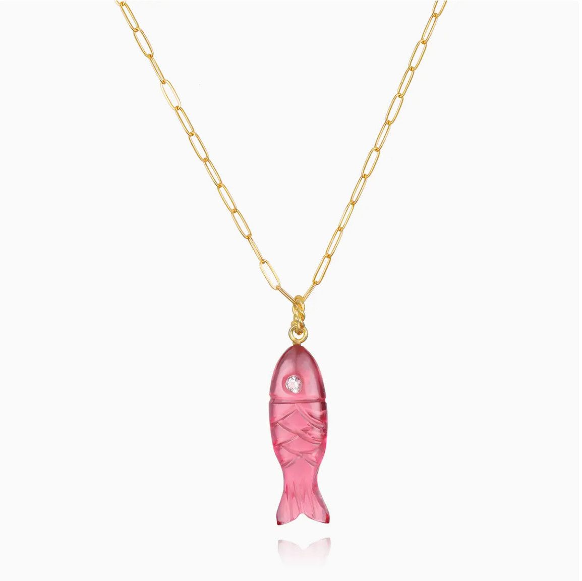 Natural Stone Fish Charm Necklace-Pink Quartz