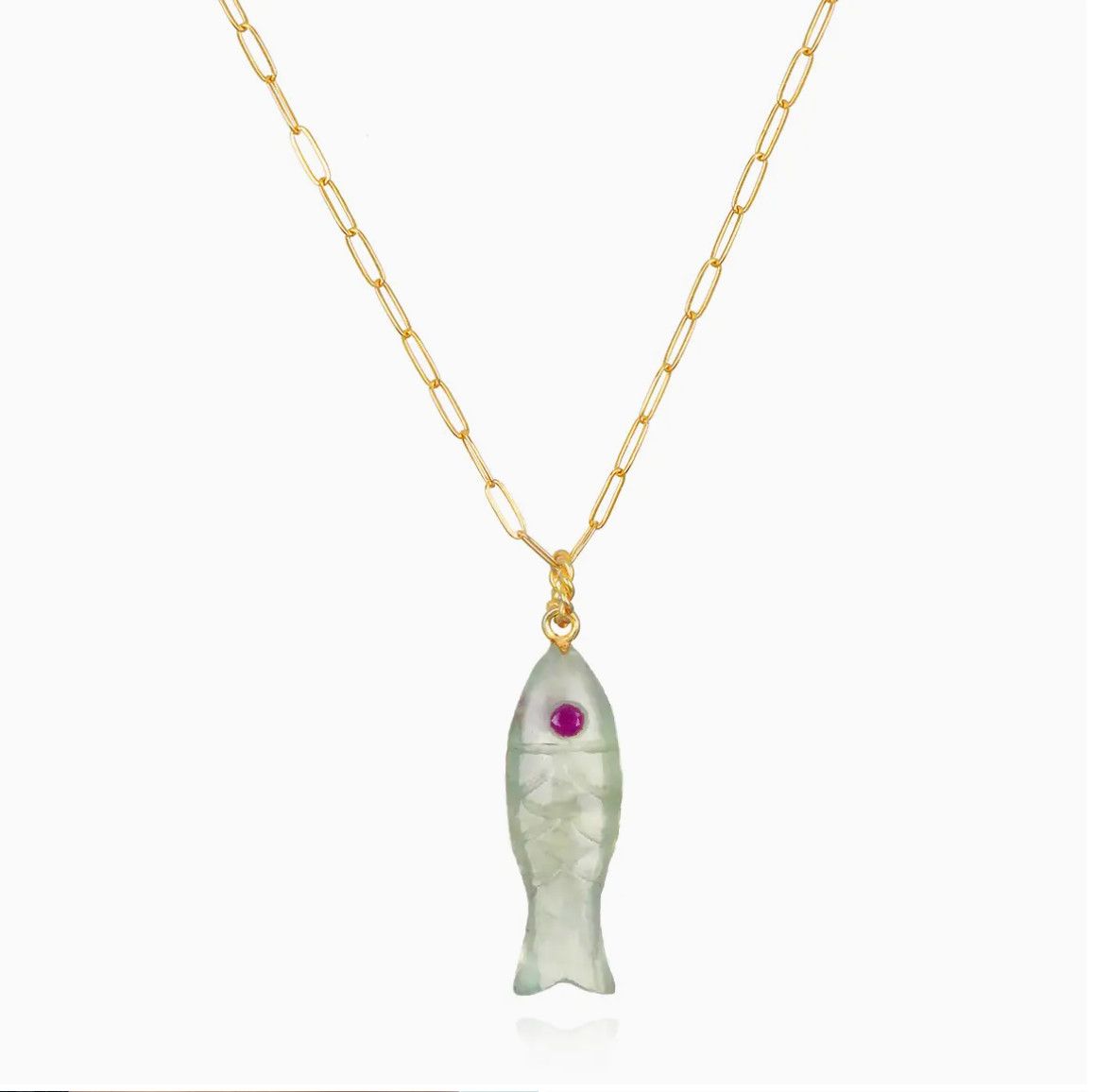 Natural Stone Fish Charm Necklace-Prehnite