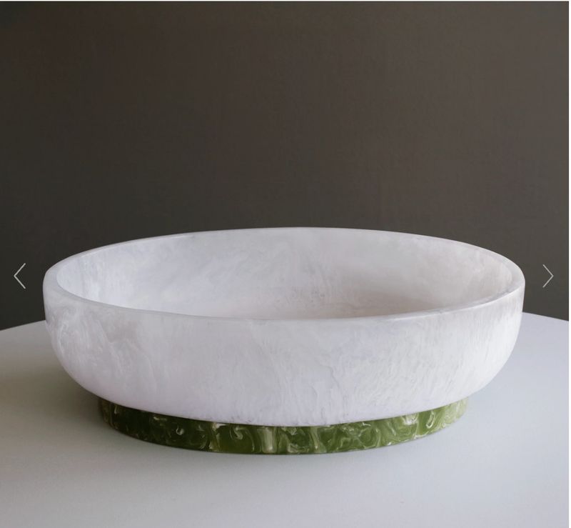 Resin Rio Large Oval Bowl with Base- white and green