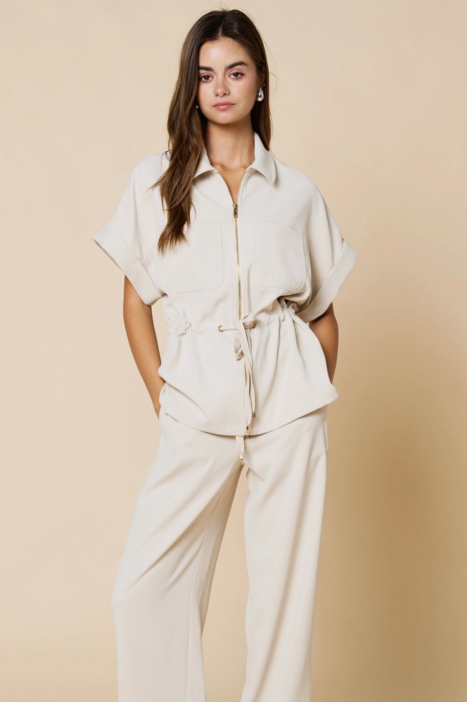Cream Full Zip Shirt w/ Drawstring Waist