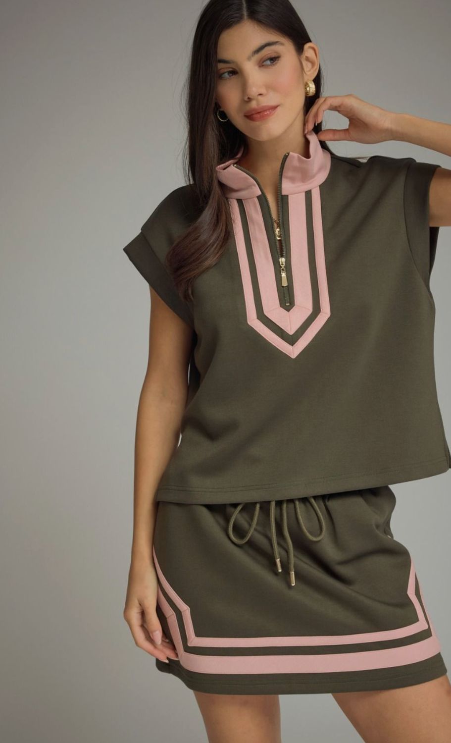 Top and Skirt Set-Olive with Pink Detailing