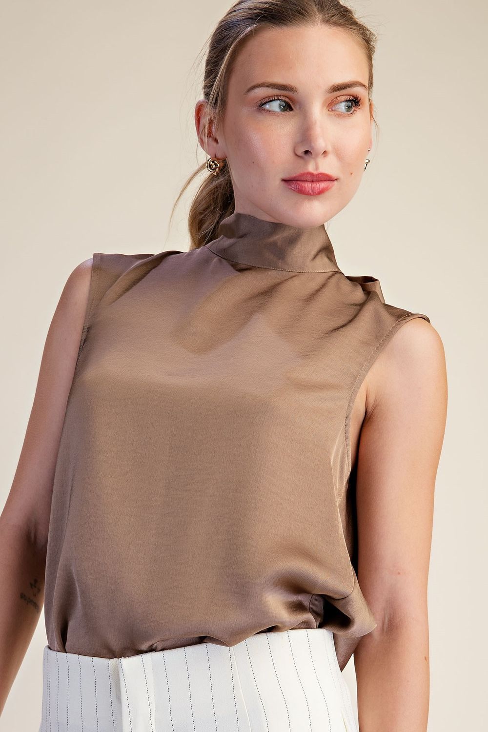 Up to My Neck Sleeveless Top-Mocha