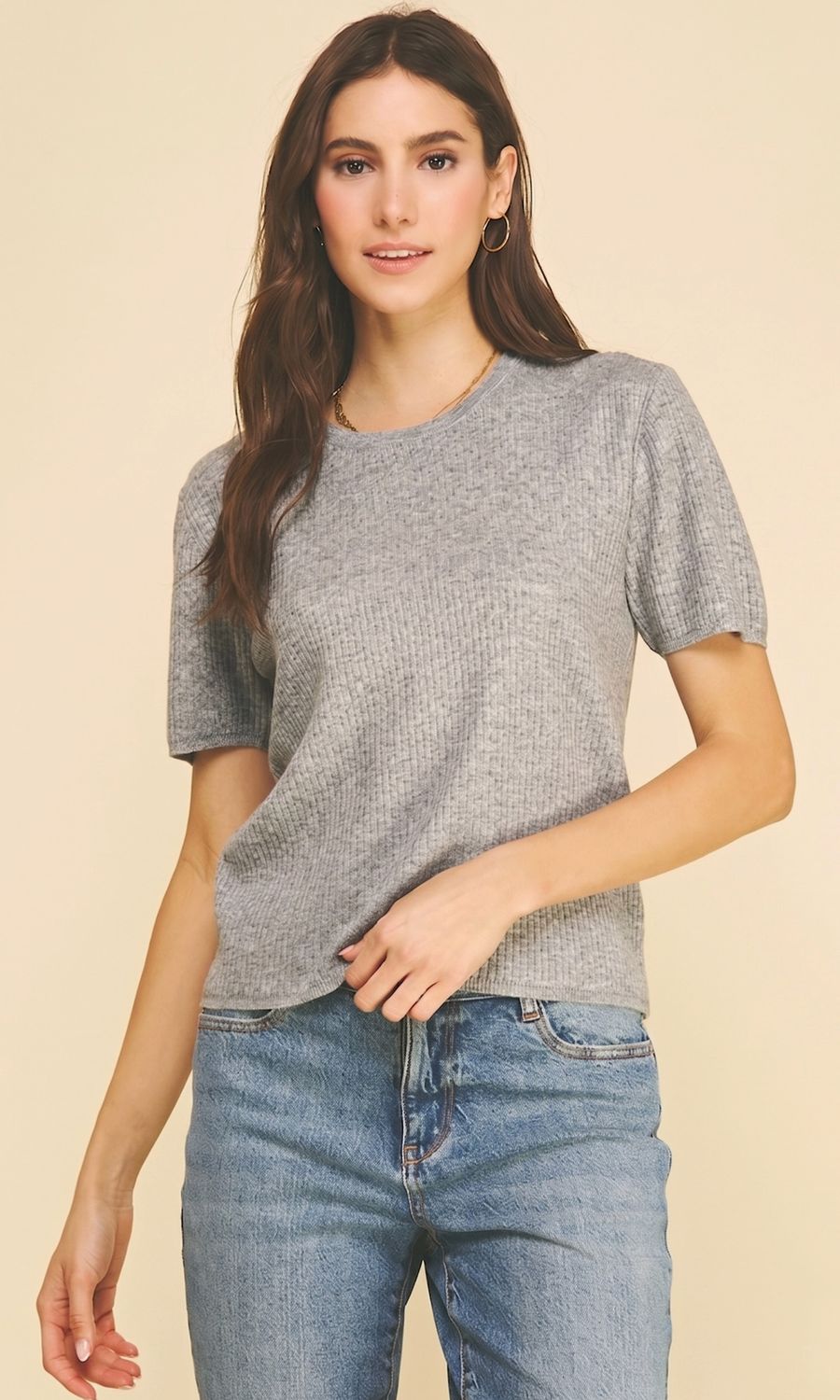 Heather Grey Solid Ribbed Knit Sweater