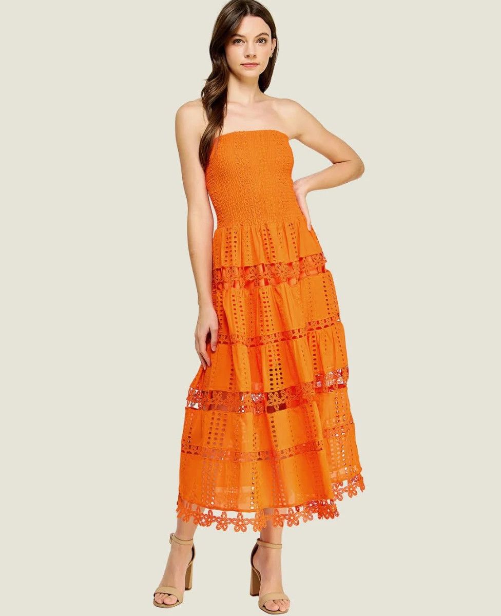 Eyelet Lace Tube Dress - Papaya