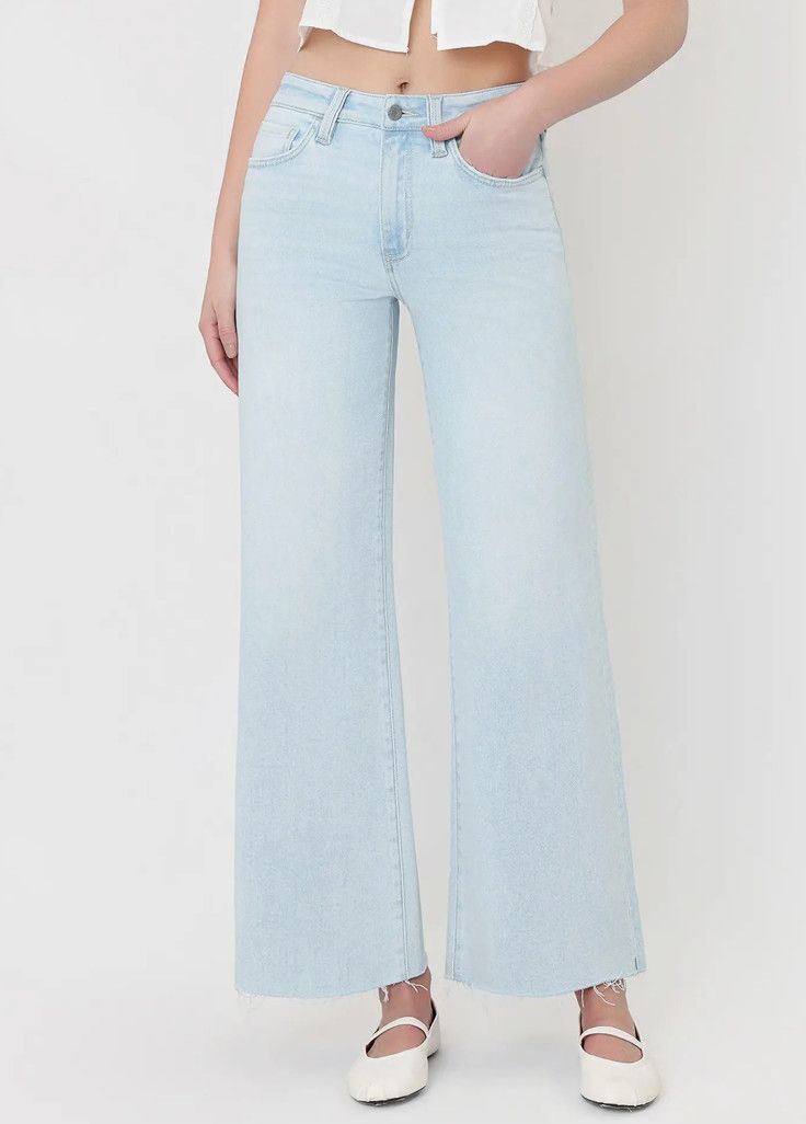 High Rise Clean Cut Raw Hem Wide Flare Jeans 