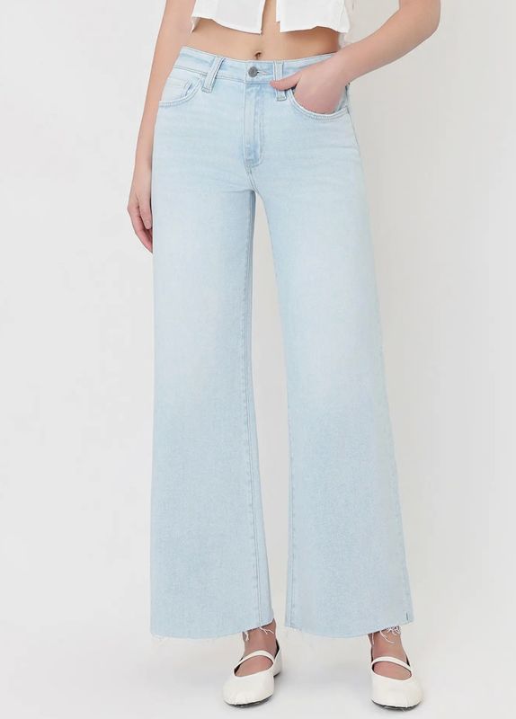 High Rise Clean Cut Raw Hem Wide Flare Jeans 