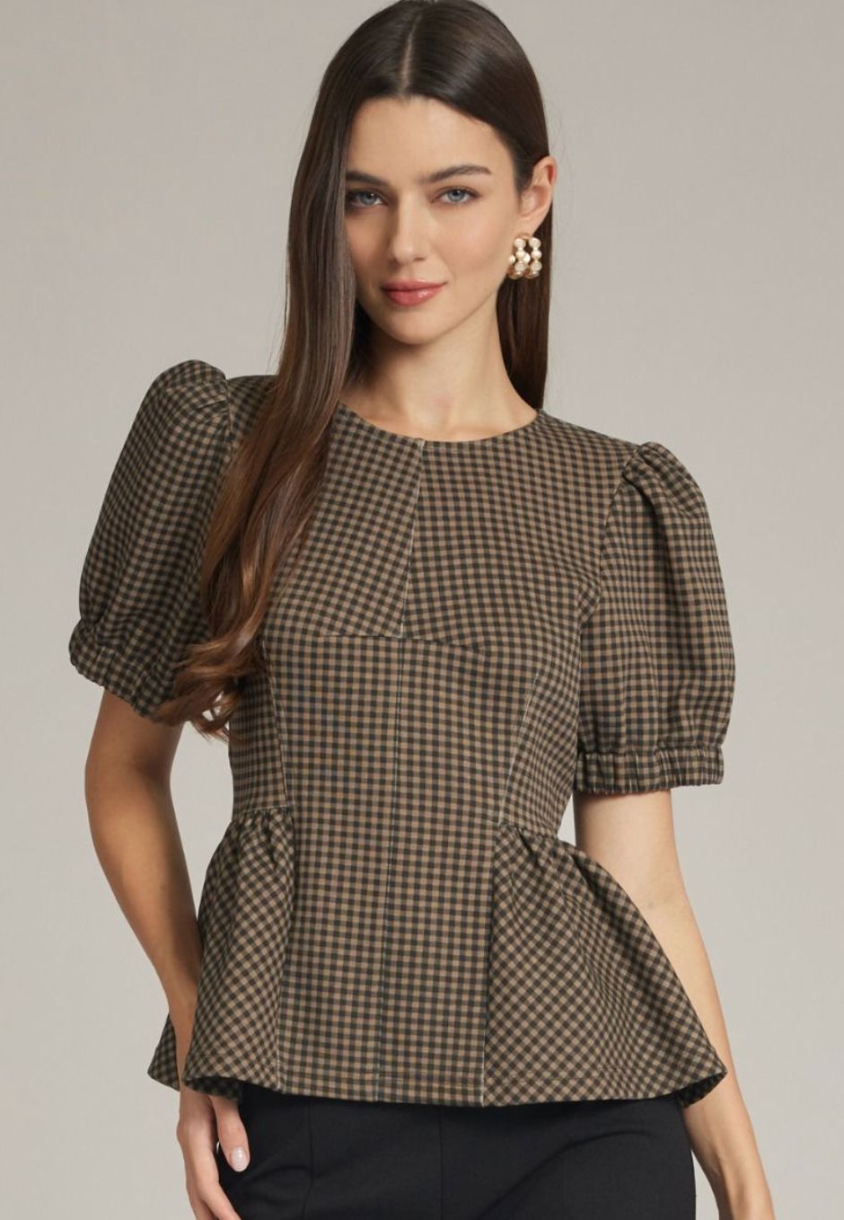 Brown and Black Gingham Blouse 