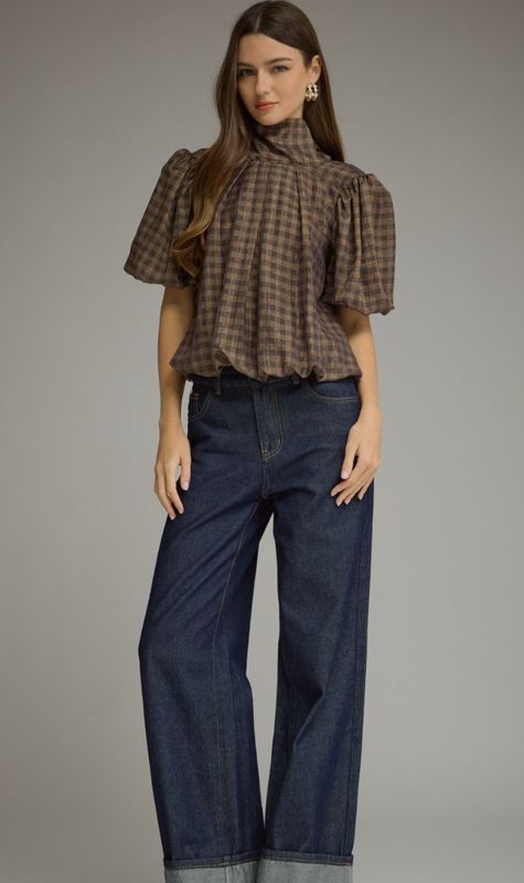 Brown Gingham Puff Sleeve Blouse with Tie