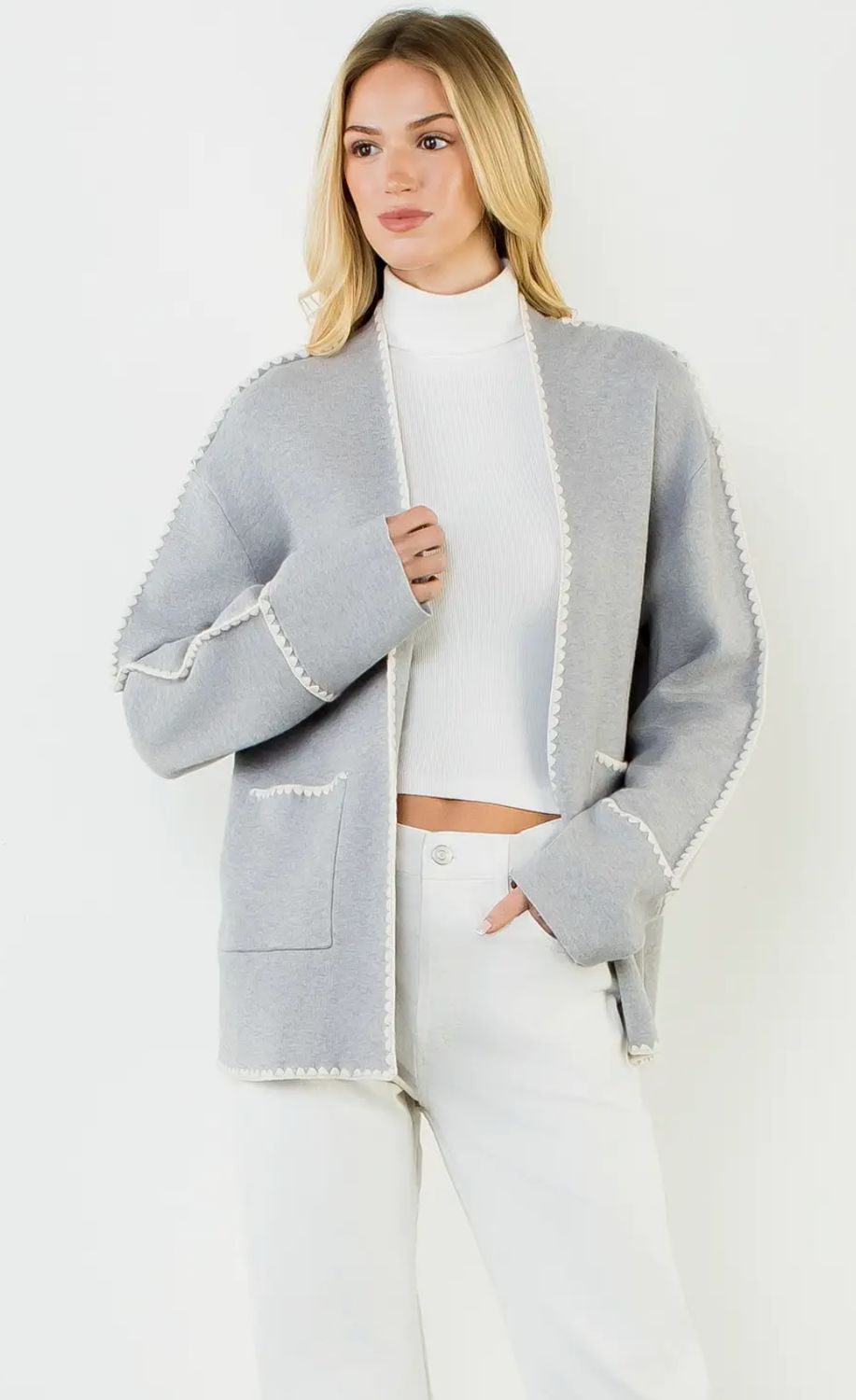 Gray Embroidered Cardigan w/ Pockets