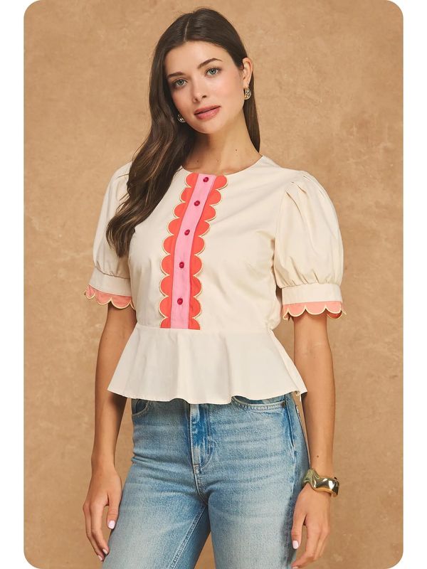 Multi Color Scalloped Detail Puff Sleeve Peplum Top
