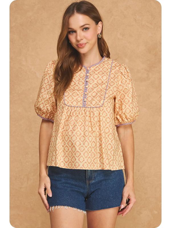 Retro Floral Stripe Piping Puff Sleeve Blouse