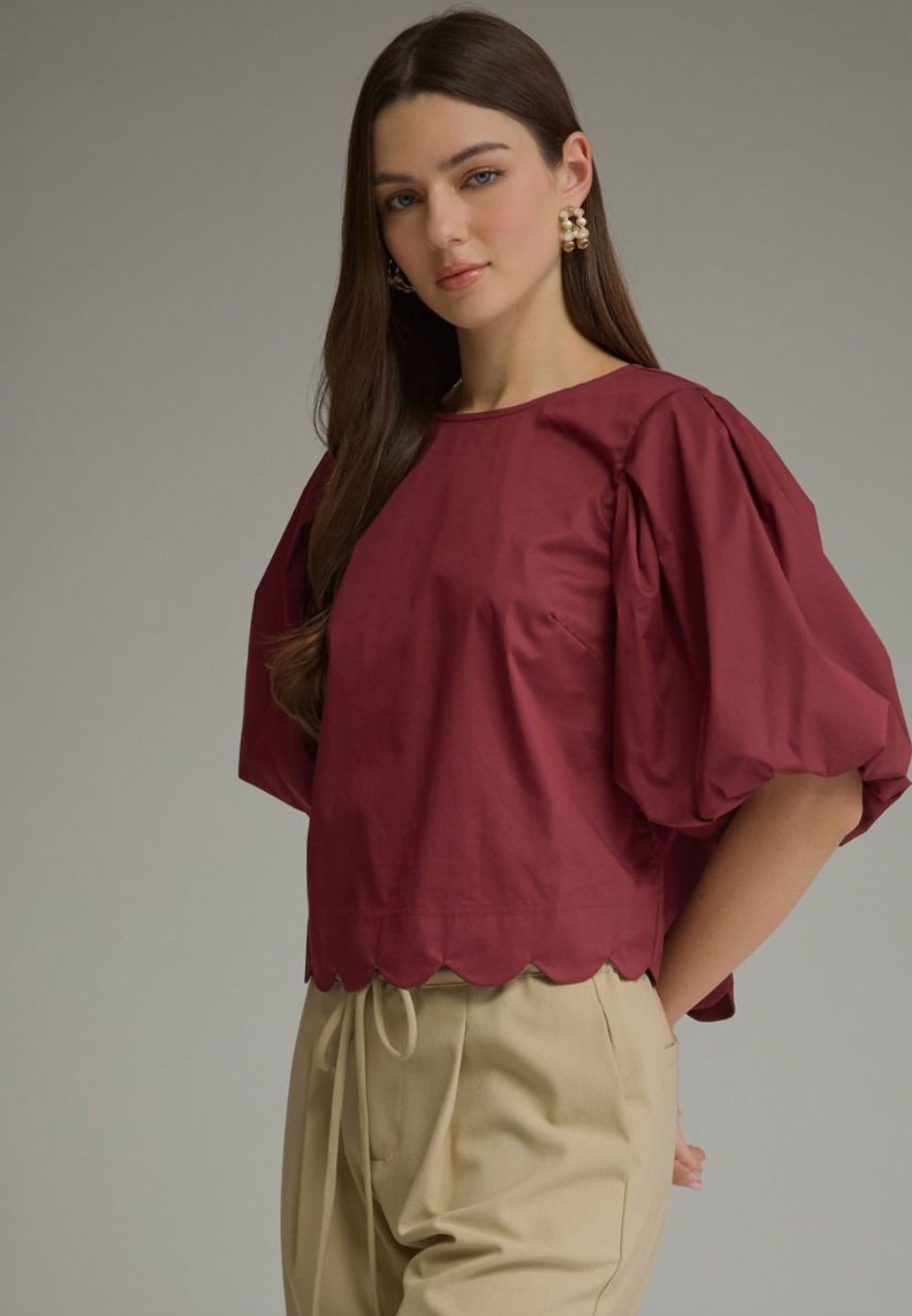 Wine Puff Sleeve Blouse