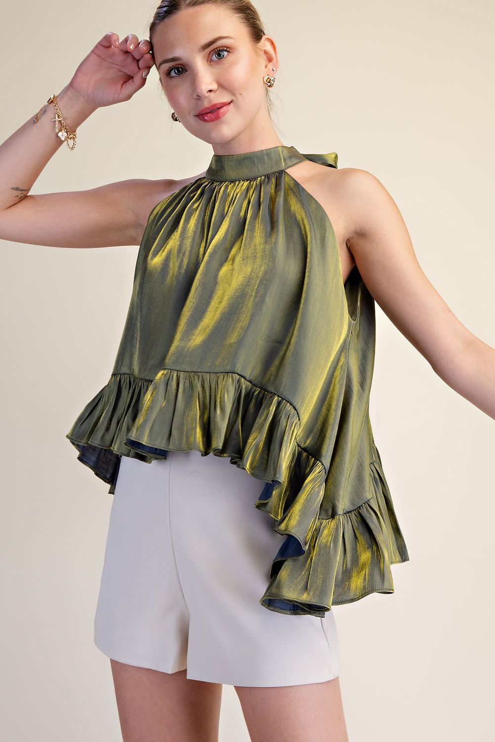 Ruffle Halter Top - Olive