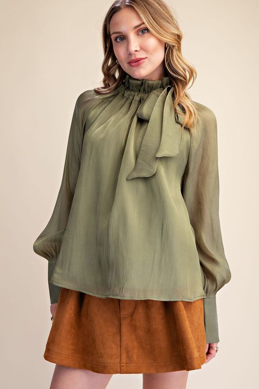 Ruffle Collar Olive Long Sleeve Blouse