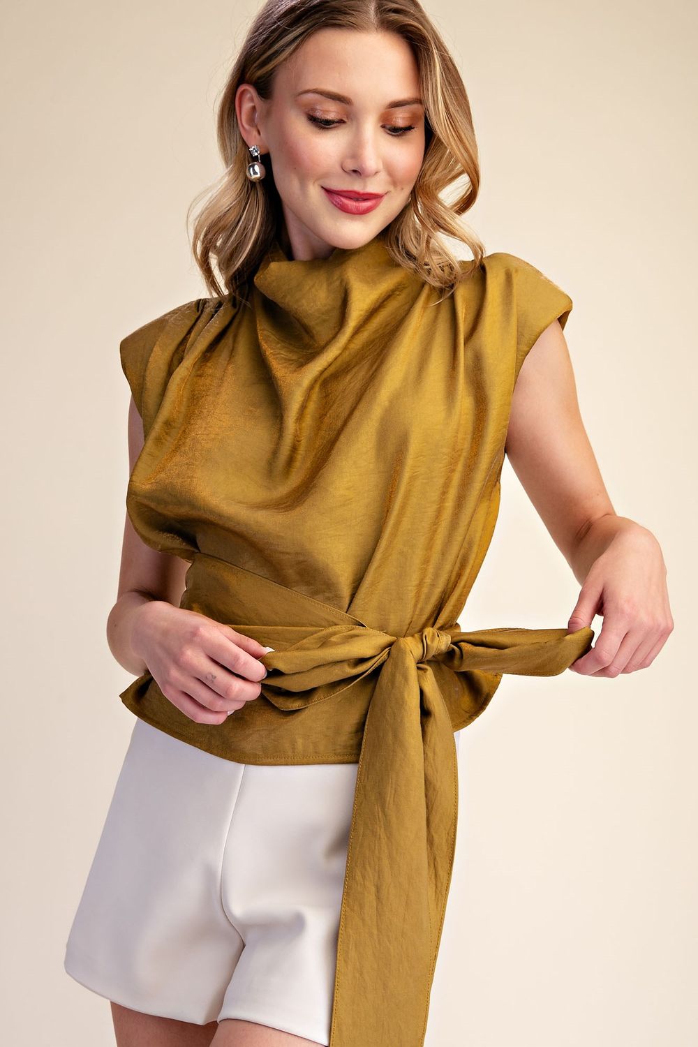Mock Neck Tie Waist Mustard Sleeveless Top