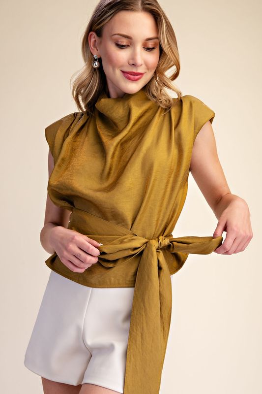 Mock Neck Tie Waist Mustard Sleeveless Top