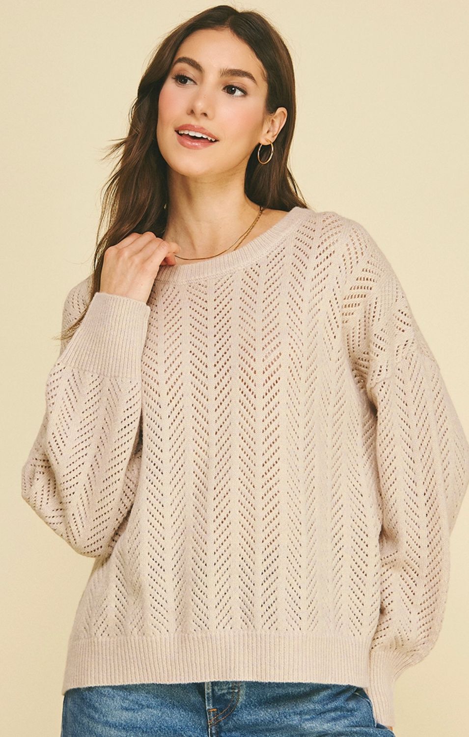 Pointelle Chevron Knit Sweater - Oyster
