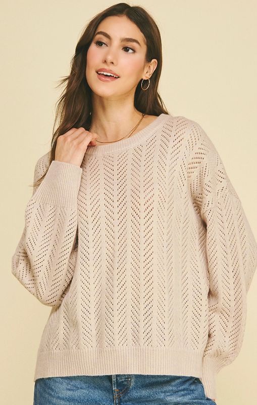 Pointelle Chevron Knit Sweater - Oyster
