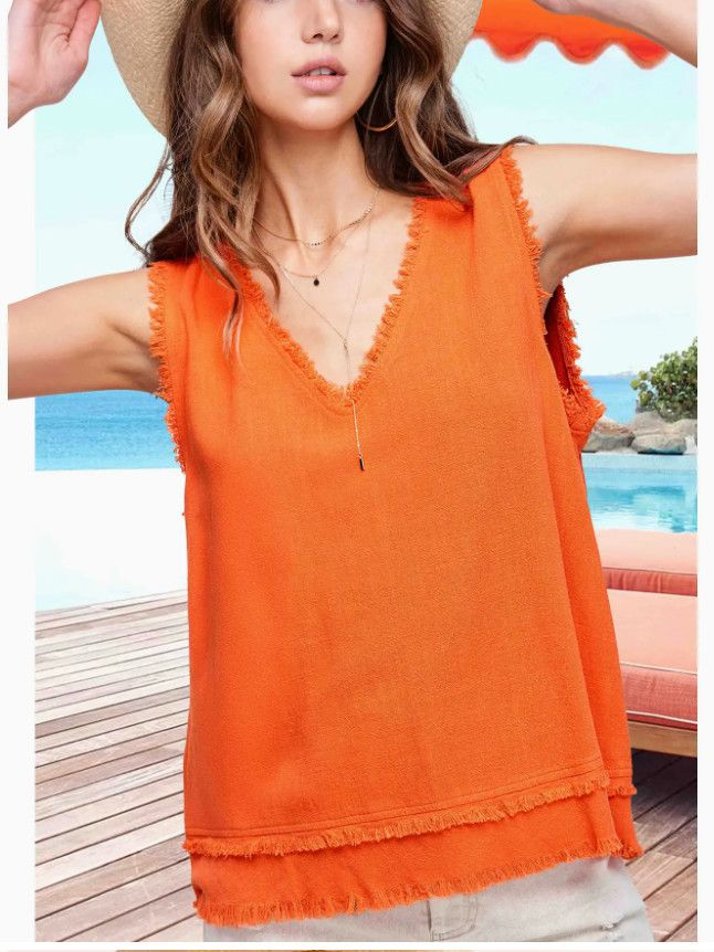 Sleeveless V-Neck Top Gauze Cut Edge- Tangerine
