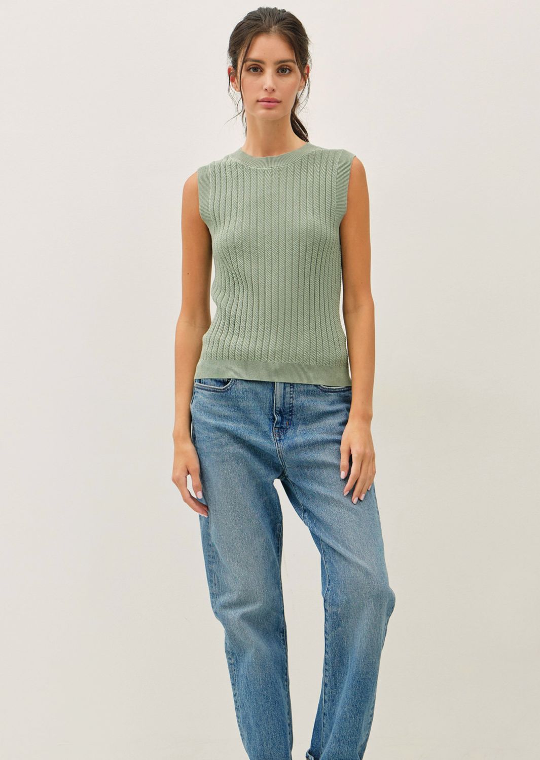 Textured Knit Sweater Tank-Green