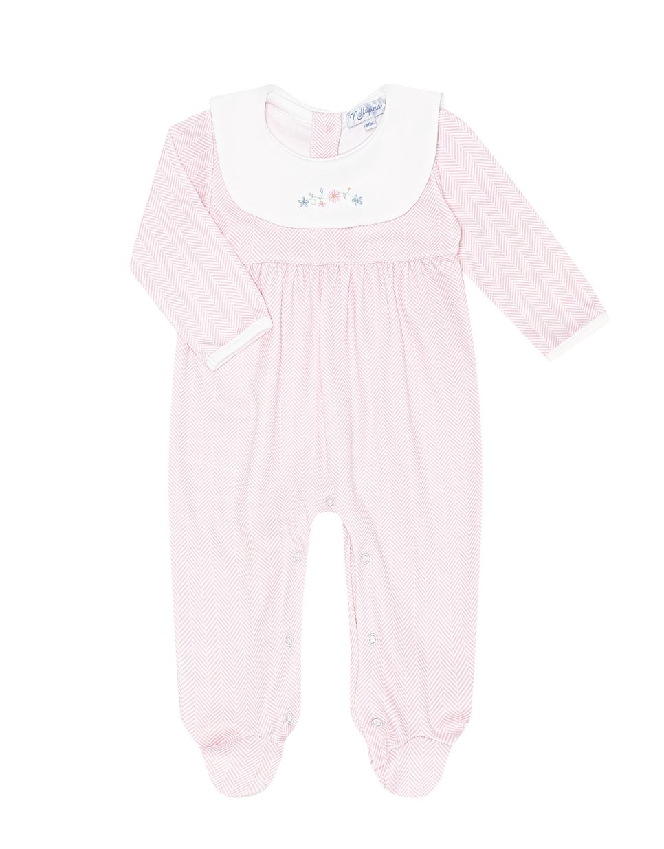 Pink Herringbone Embroidered Footie