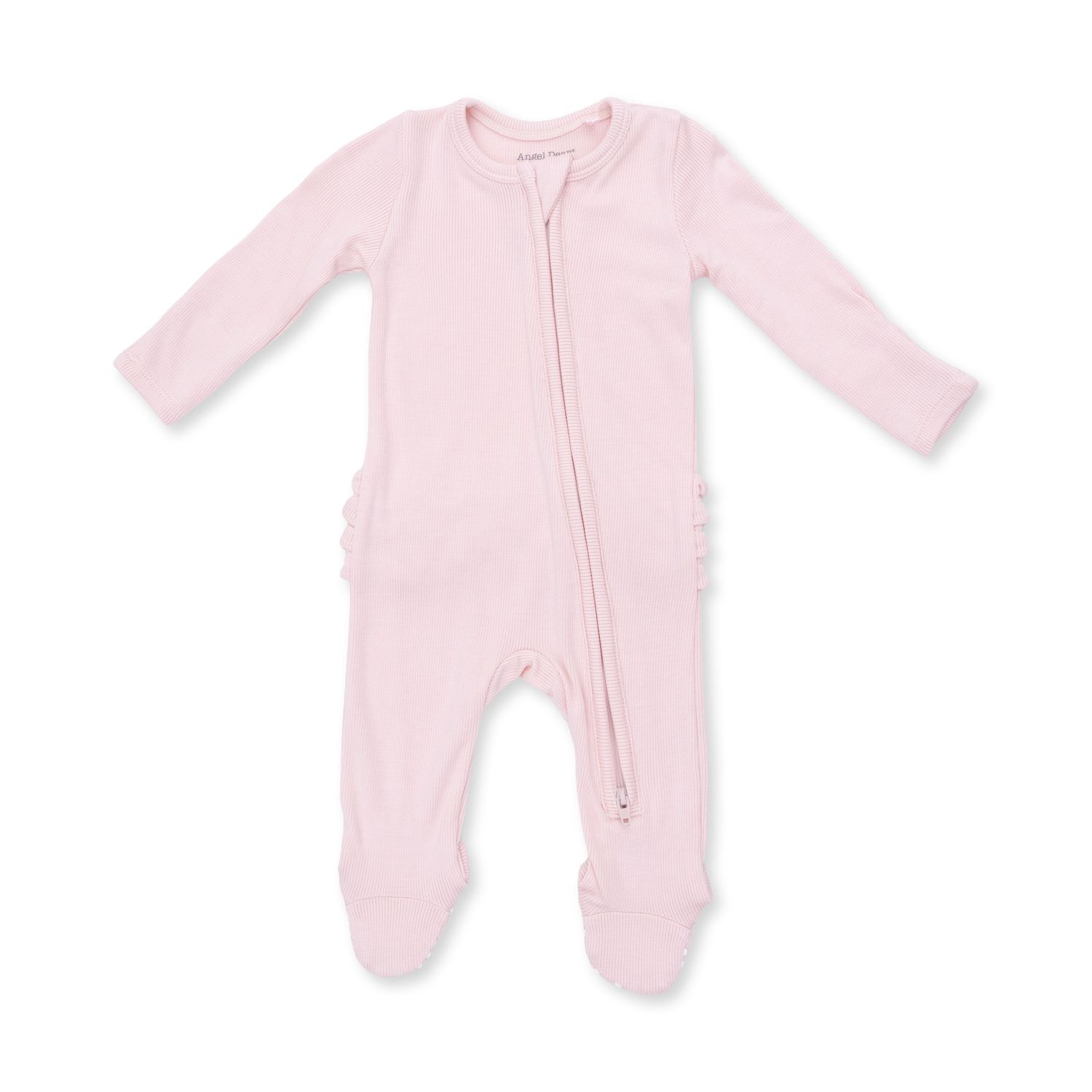 Solid Veiled Pink 2 Way Zipper Ruffle Back Footie