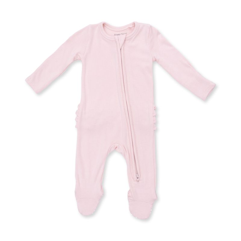 Solid Veiled Pink 2 Way Zipper Ruffle Back Footie