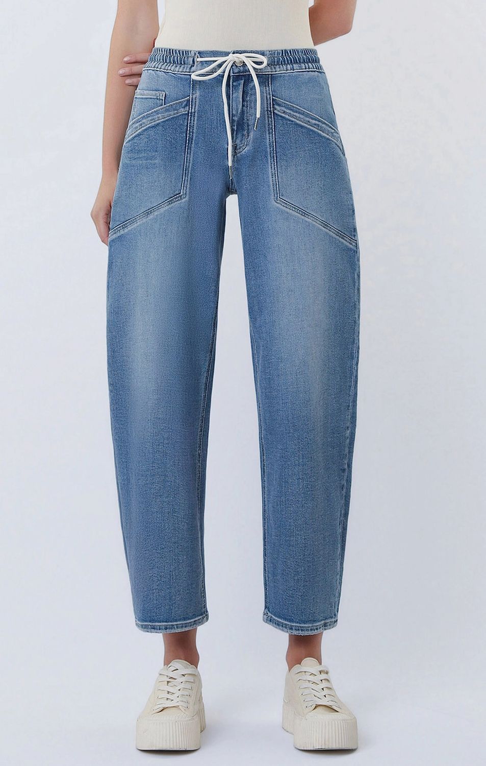 High Rise Drawstring Barrel Jeans