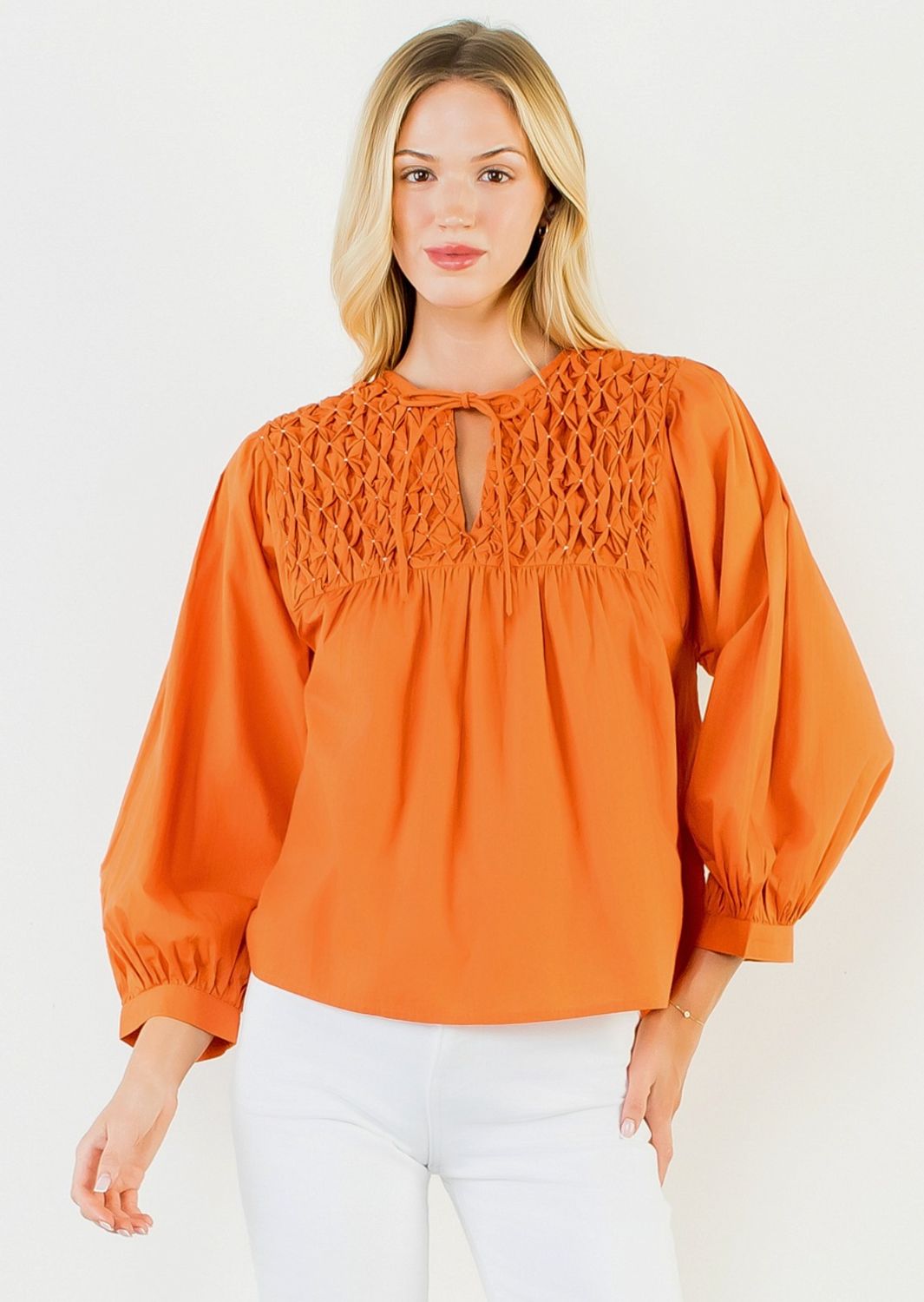 Smocking Detail Top Orange