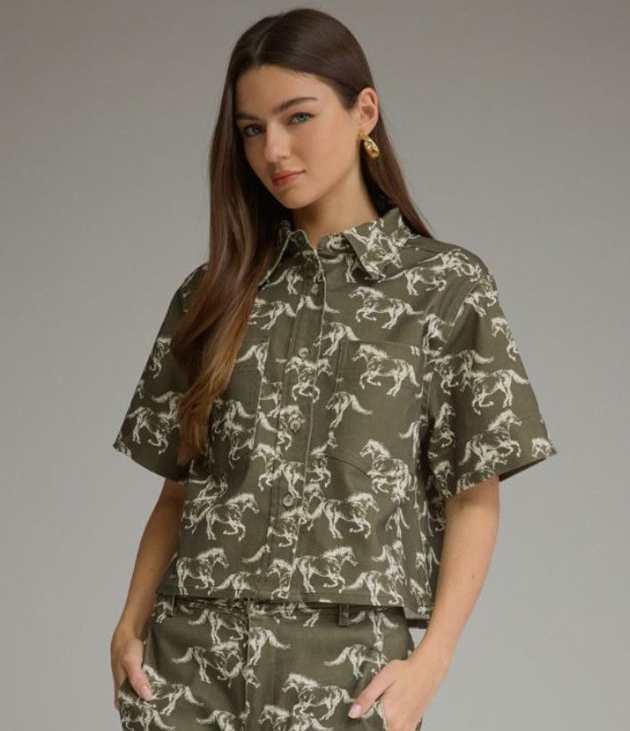 Olive Hold Your Horses Cropped Button Up