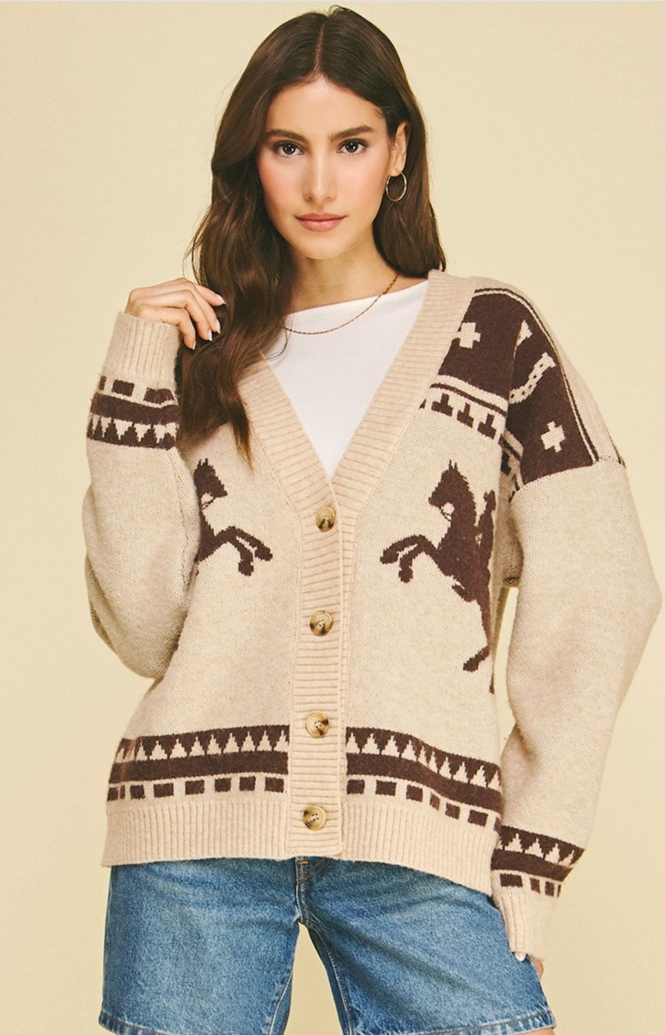 Western Horse Knit Cardigan Oatmeal