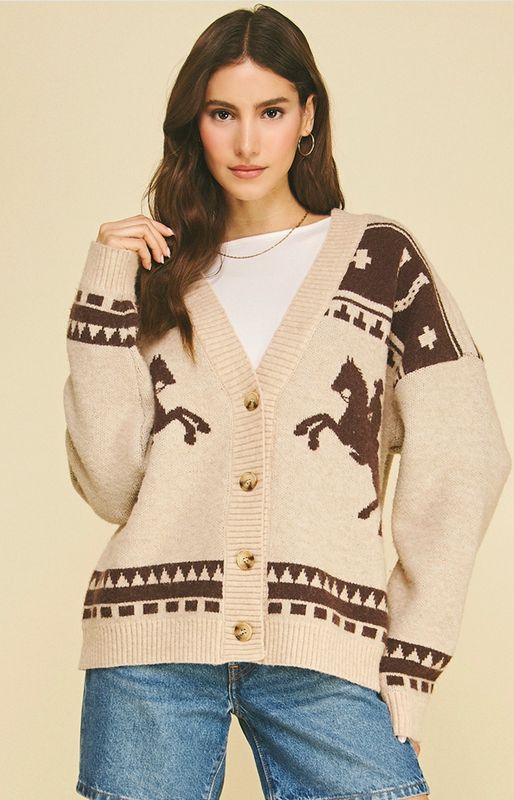 Western Horse Knit Cardigan Oatmeal