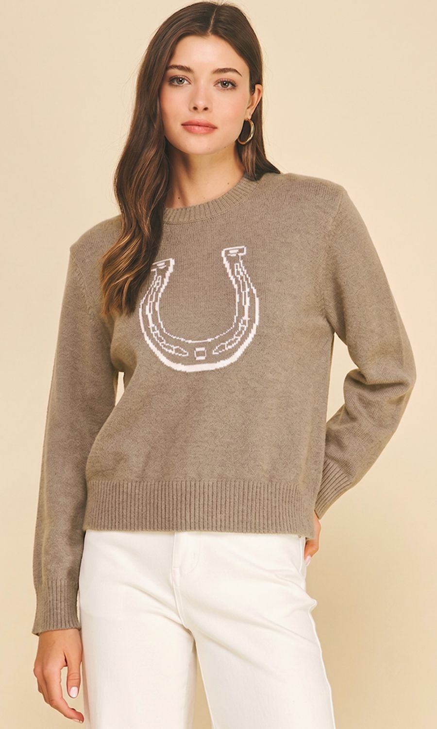 Horse Shoe Graphic Knit Sweater Taupe