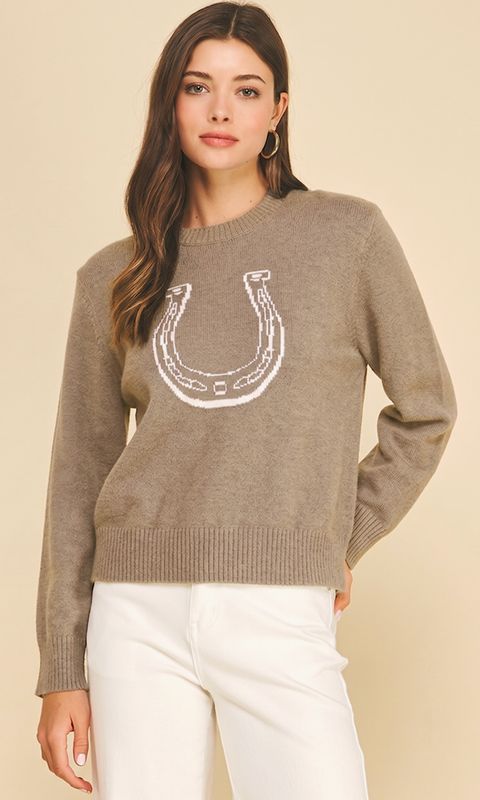 Horse Shoe Graphic Knit Sweater Taupe