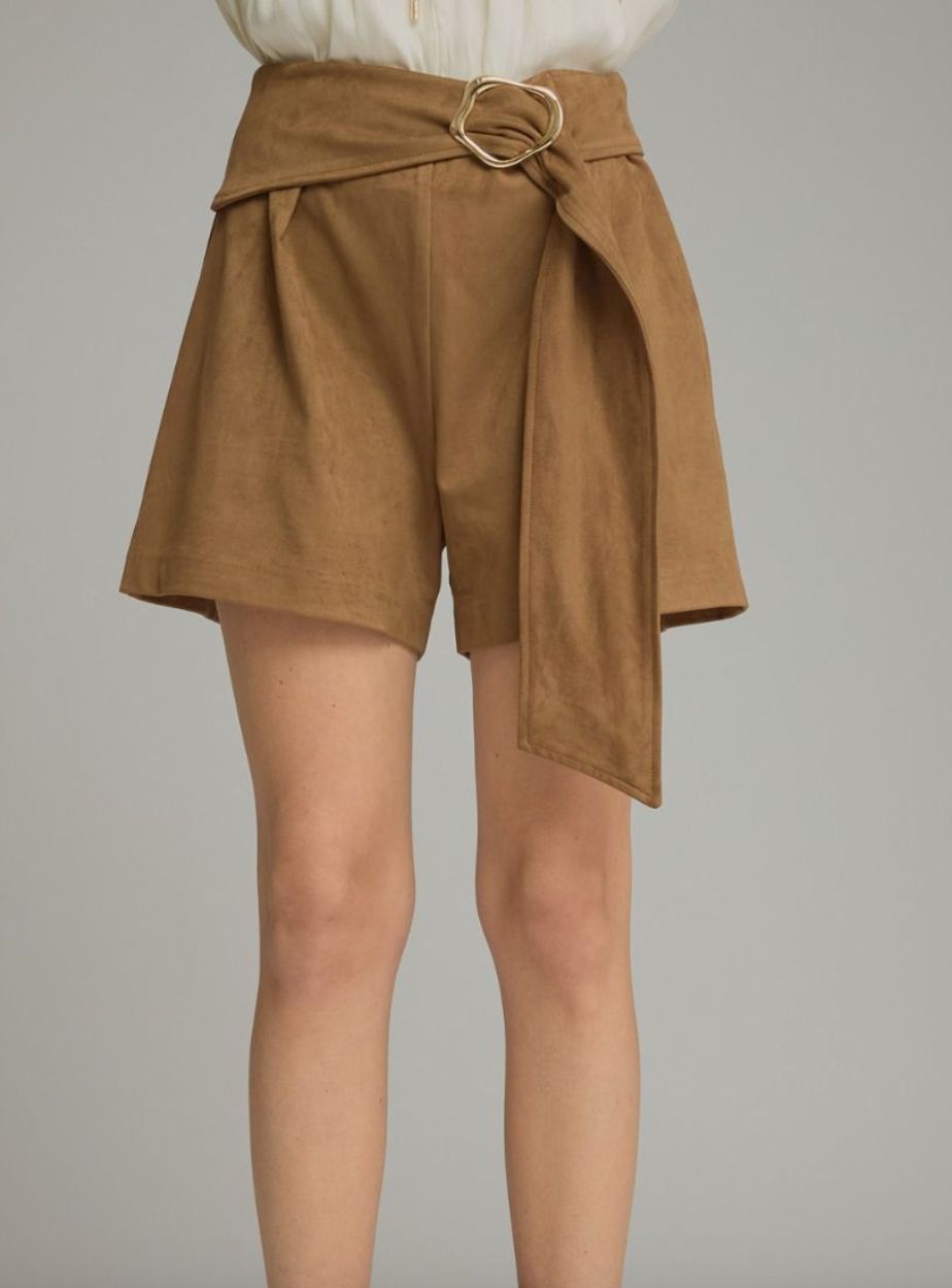 Camel Faux Suede Shorts with Gold Accent