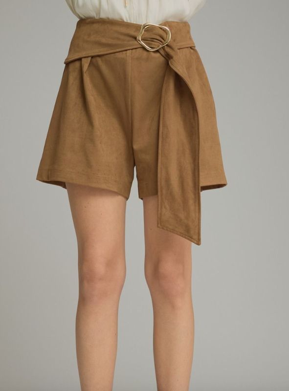 Camel Faux Suede Shorts with Gold Accent