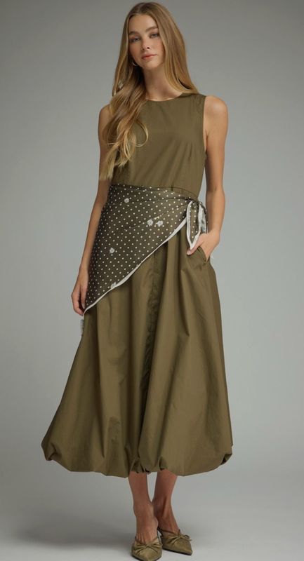 Olive Green Dress with Scarf Waist