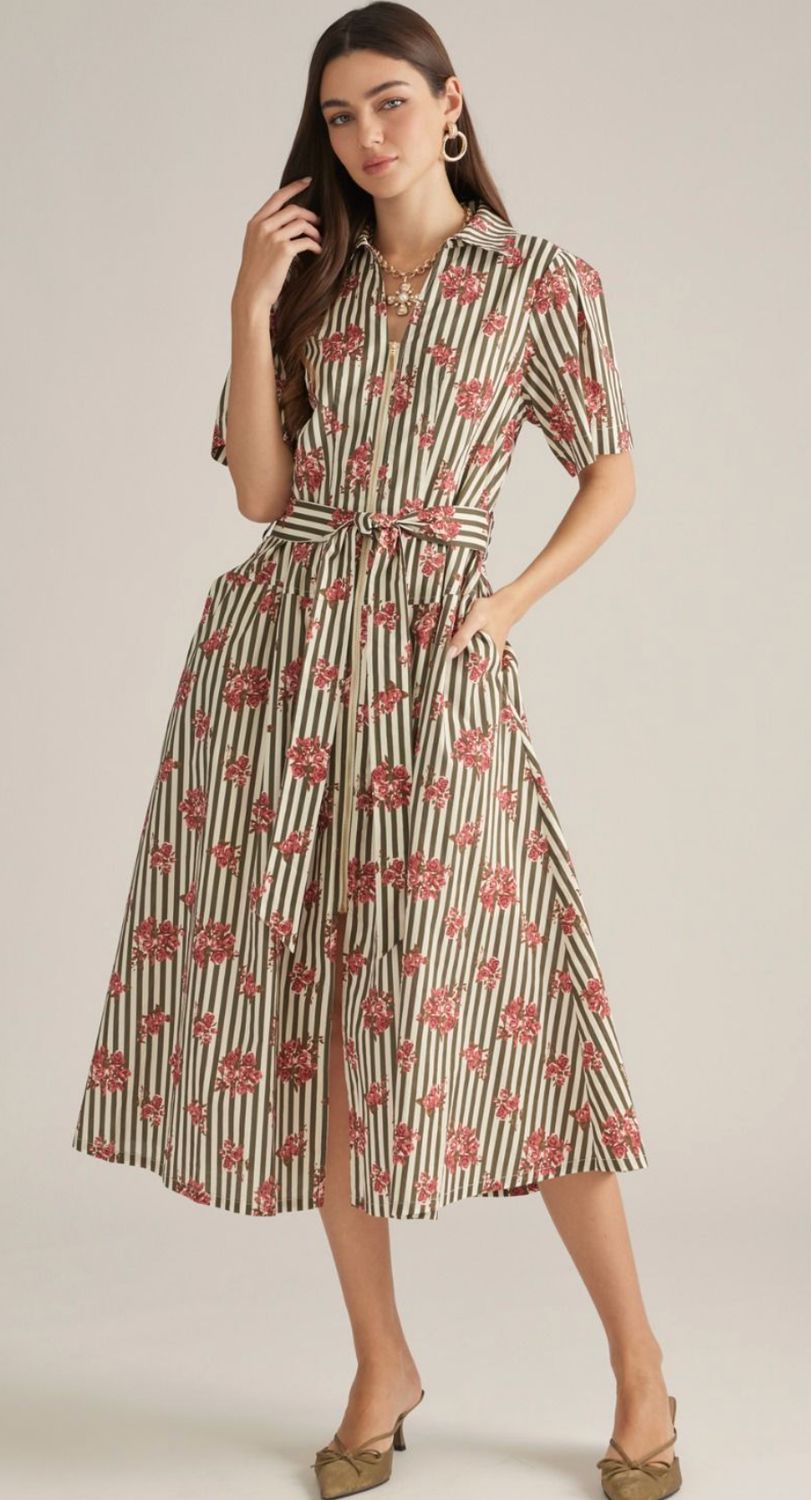Olive Belted Dress with Flowers