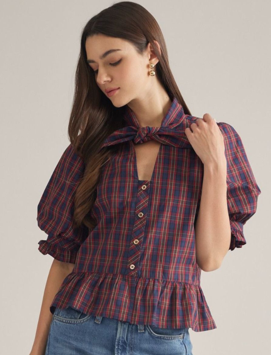 Red Classic Christmas Bow Puff Sleeve Top
