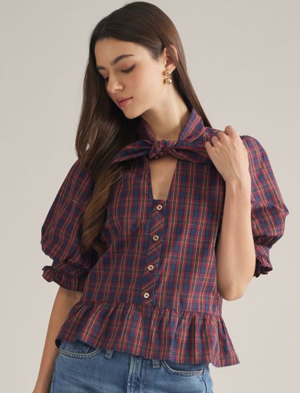Red Classic Christmas Bow Puff Sleeve Top