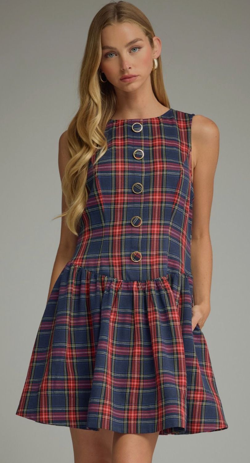 Cozy Christmas Plaid Mini Button Dress