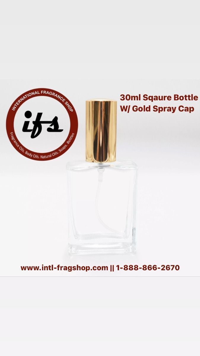 30 ml Square Plat Empty Glass Perfume Bottle with Gold Fine Mist Spray Pumps, Qty 288 Pcs