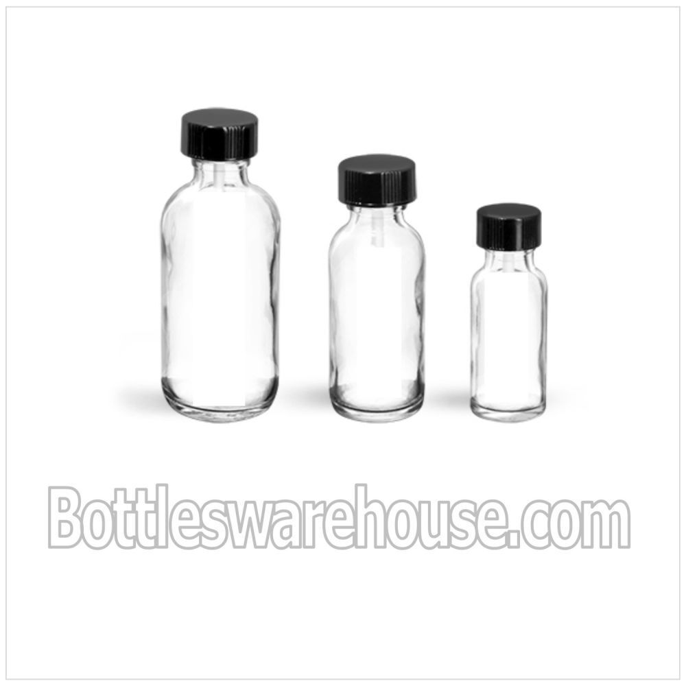 Boston Round Clear Glass Bottle with Black Phenolic Cone Lined Caps (30ml / 1 OZ)
