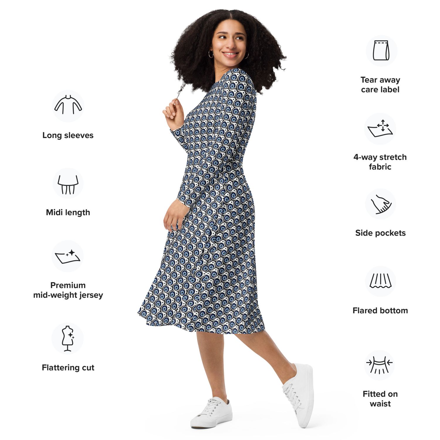 Evil Eye Owl All-over Print Long Sleeve Midi Dress
