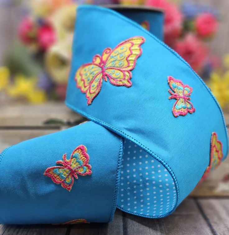 Embroidery Butterflies Teal Ribbon
