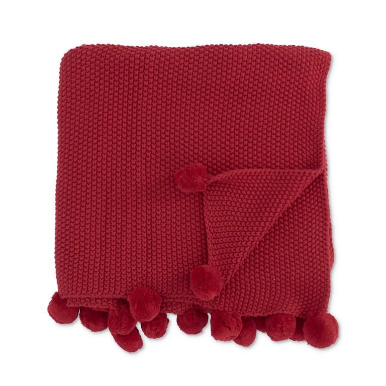 Red Moss Knit Throw Blanket w/Pompom