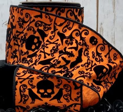 Flocked Halloween Ribbon, Orange