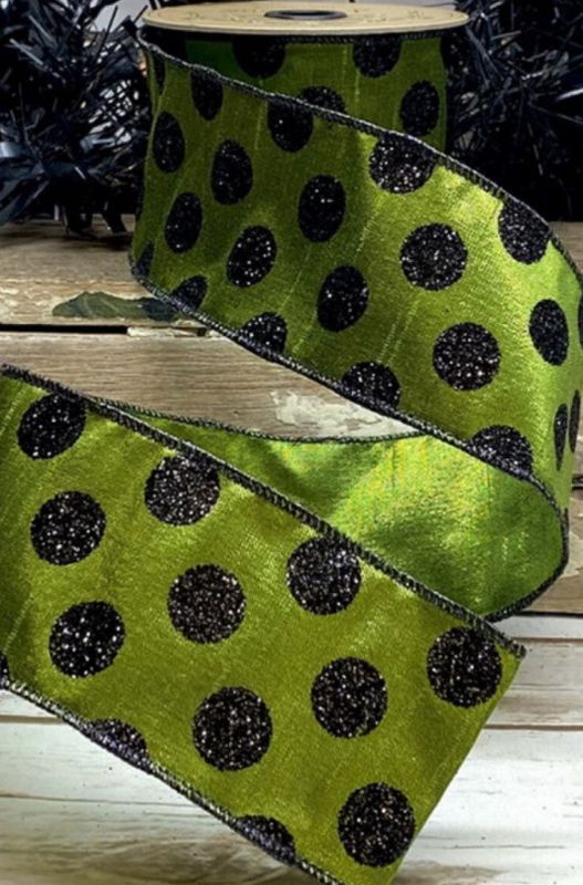Black Glitter Dot Ribbon, Lime